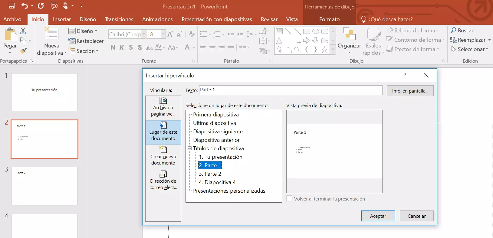 Imagen: Vincular la tabla de contenido de PowerPoint: cuadro de diálogo “Insertar hipervínculo”