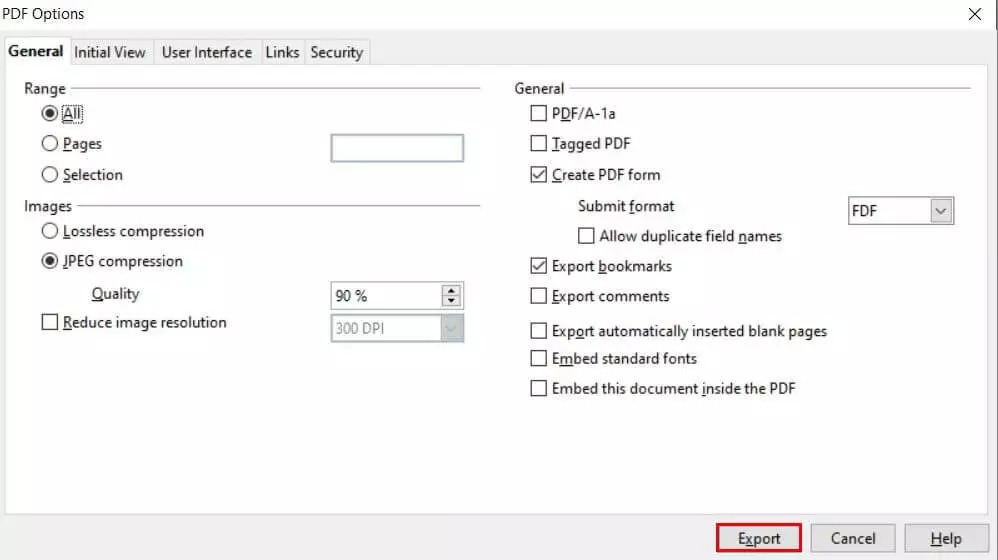 Imagen: Opciones PDF de OpenOffice Writer: exportar a PDF