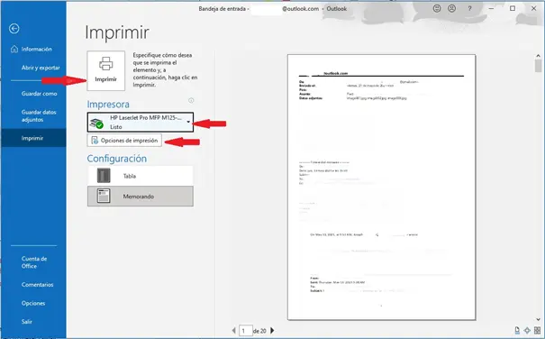 Imagen: Ventana de “Imprimir” con un botón rectangular a la izquierda de la ventana. Al lado a la derecha se muestra el correo que se imprimirá