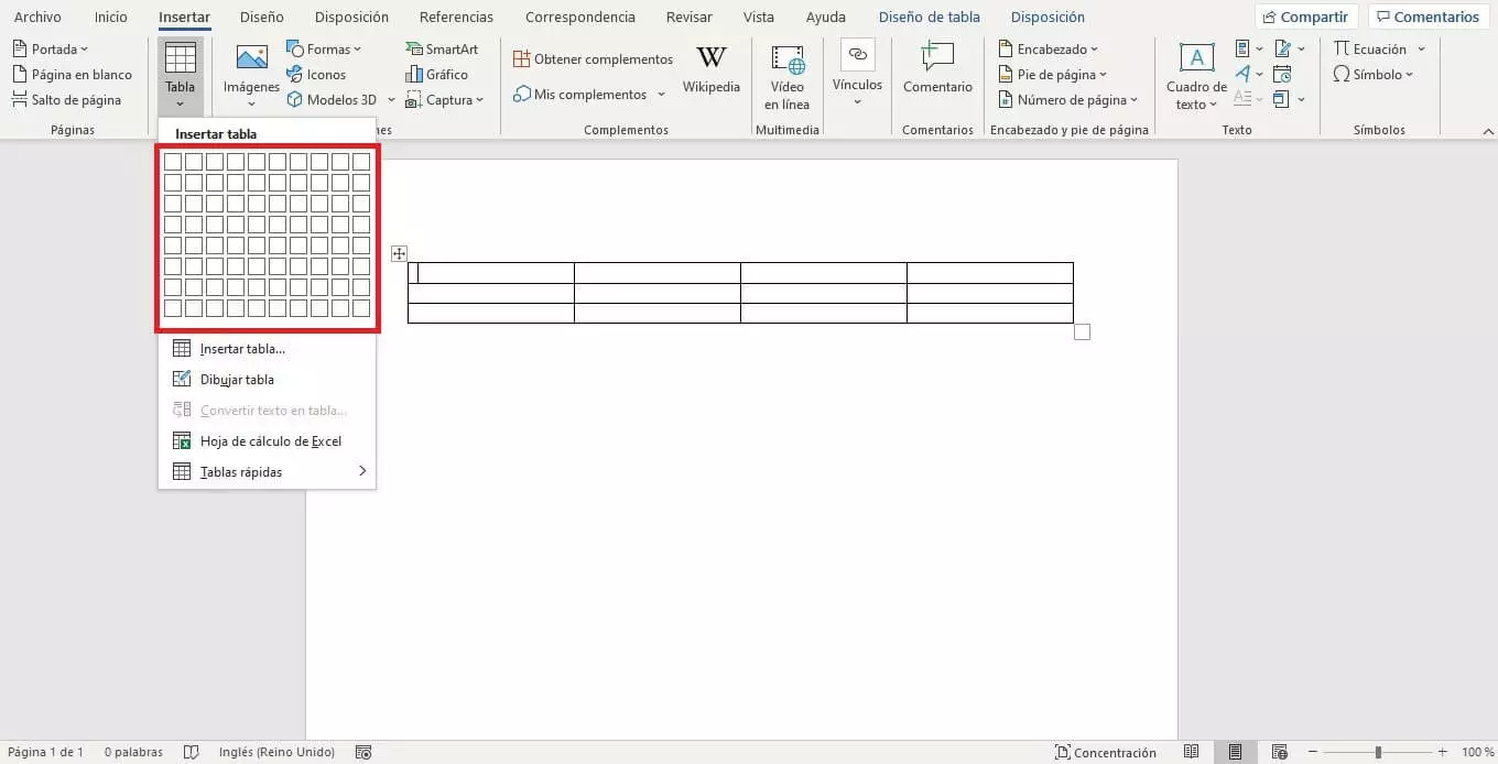Imagen: Función para insertar una tabla en Word con un solo clic de ratón