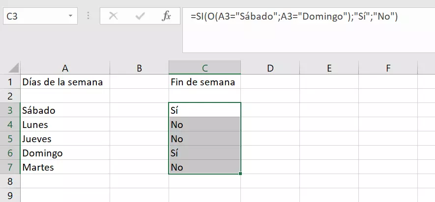 Imagen: Función de Excel O con categorías definidas por el usuario.
