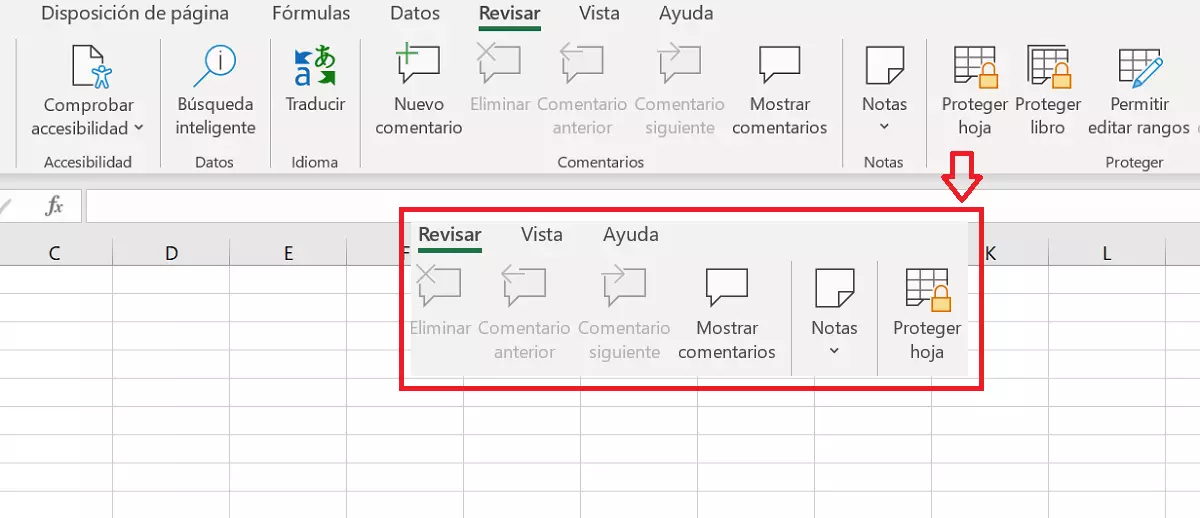 Imagen: Imagen del menú “Revisar” > “Proteger hoja”