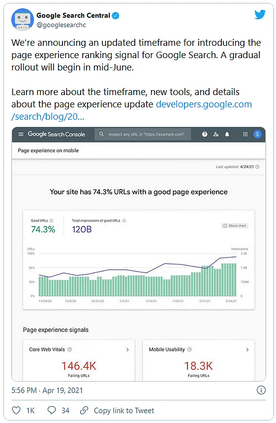 Tweet del equipo de Google sobre Core Web Vitals Imagen: Tweet del equipo de Google sobre Core Web Vitals