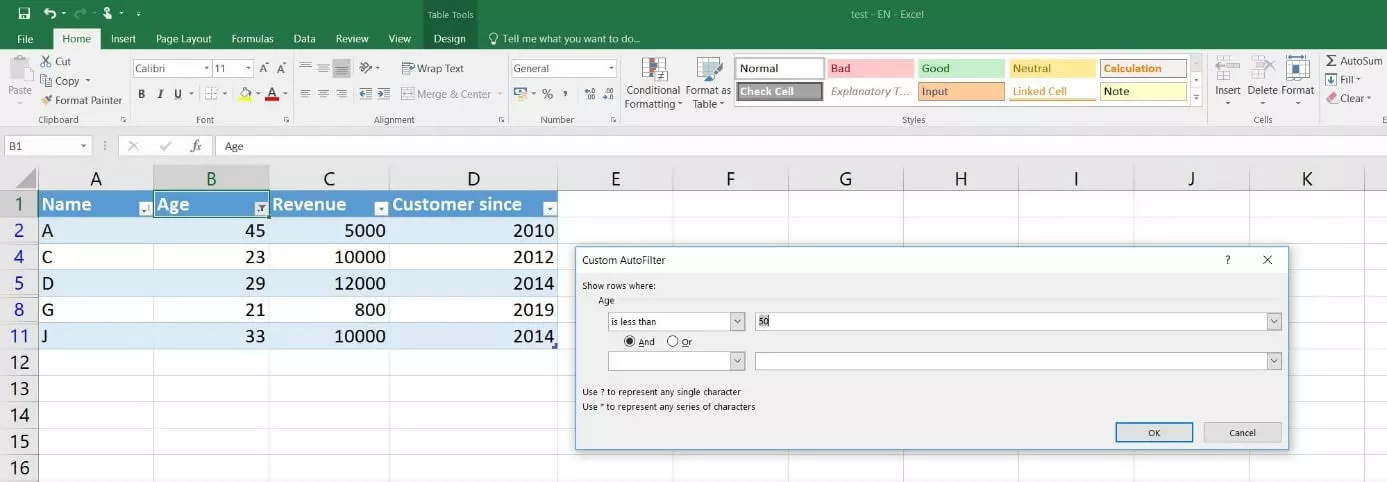 Imagen: Tabla Excel con filtro definido por el usuario