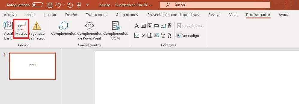 Imagen: Cinta de opciones de la pestaña de PowerPoint “Programador”