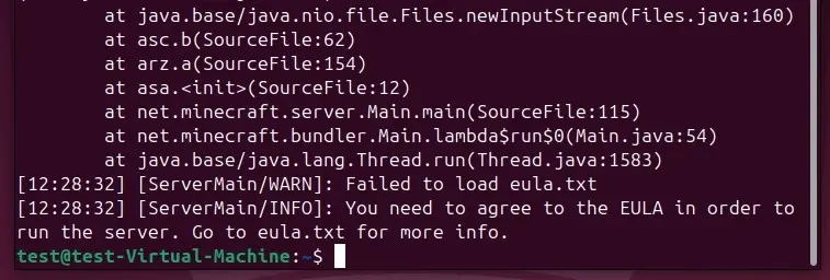 Servidor de Minecraft en Linux: mensaje de error en el primer inicio Imagen: Servidor de Minecraft en Linux: mensaje de error en el primer inicio
