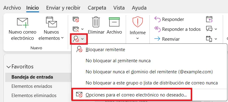 Imagen: Opciones de correo no deseado en la cinta de opciones clásica de Outlook
