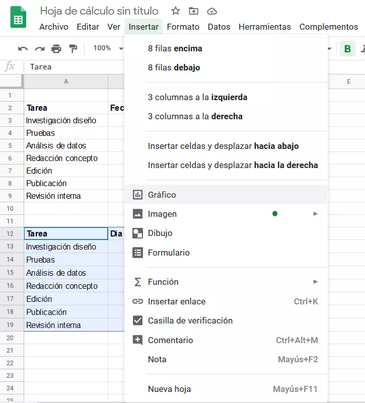 Imagen: Menú “Insertar” de Google Sheets