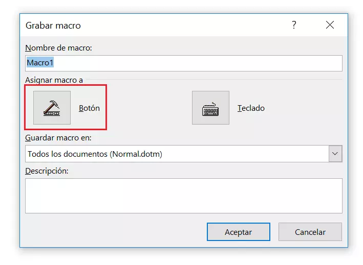 Imagen: Menú “Grabar macro” en Word 2016