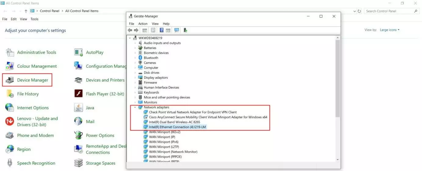 Windows 10: Administrador de dispositivos con la lista desplegada de los “Adaptadores de red”.