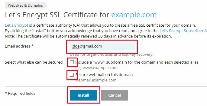 Imagen: Captura de pantalla de los campos necesarios para instalar el certificado SSL Let’s Encrypt para example.com