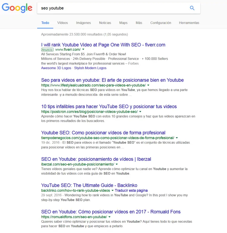 Lista de resultados en Google para la búsqueda "seo youtube" Lista de resultados en Google para la búsqueda "seo youtube"