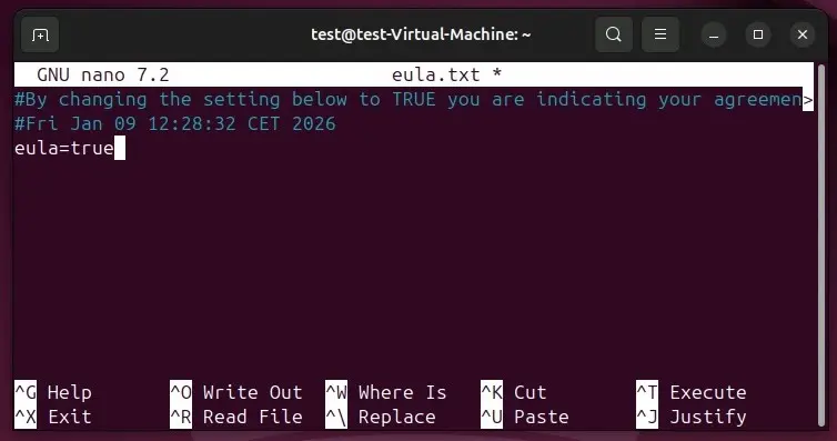 Eula del servidor de Minecraft: confirmación en el terminal de Ubuntu Imagen: Eula del servidor de Minecraft: confirmación en el terminal de Ubuntu