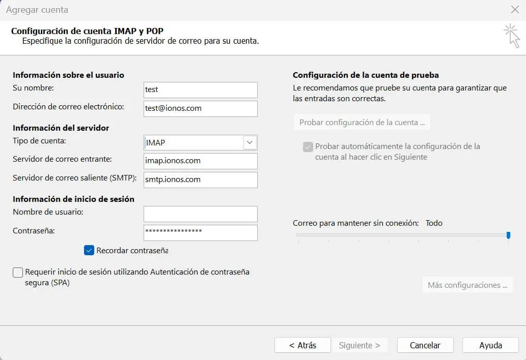 Imagen: Configuración de cuentas POP e IMAP en Outlook