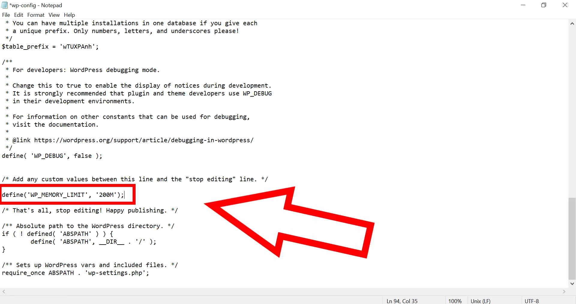 Imagen: Captura de pantalla del archivo wp-config.php con el código para aumentar el tamaño máximo permitido para la subida de archivos