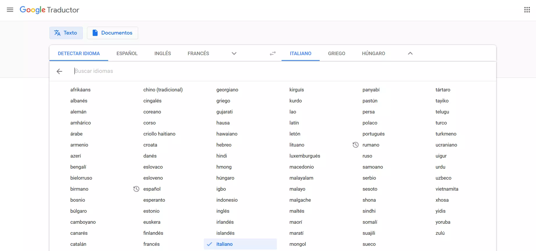 Imagen: Selección de idioma en Google Translate
