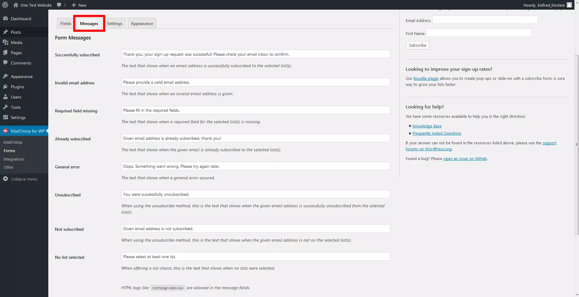 Imagen: Vista de los mensajes en el plugin de MailChimp para WordPress