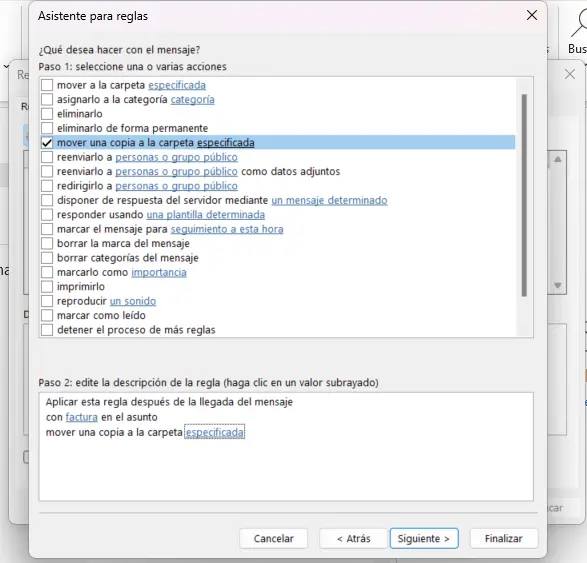 Asistente para reglas en Outlook: selección de acciones Imagen: Asistente para reglas en Outlook: selección de acciones