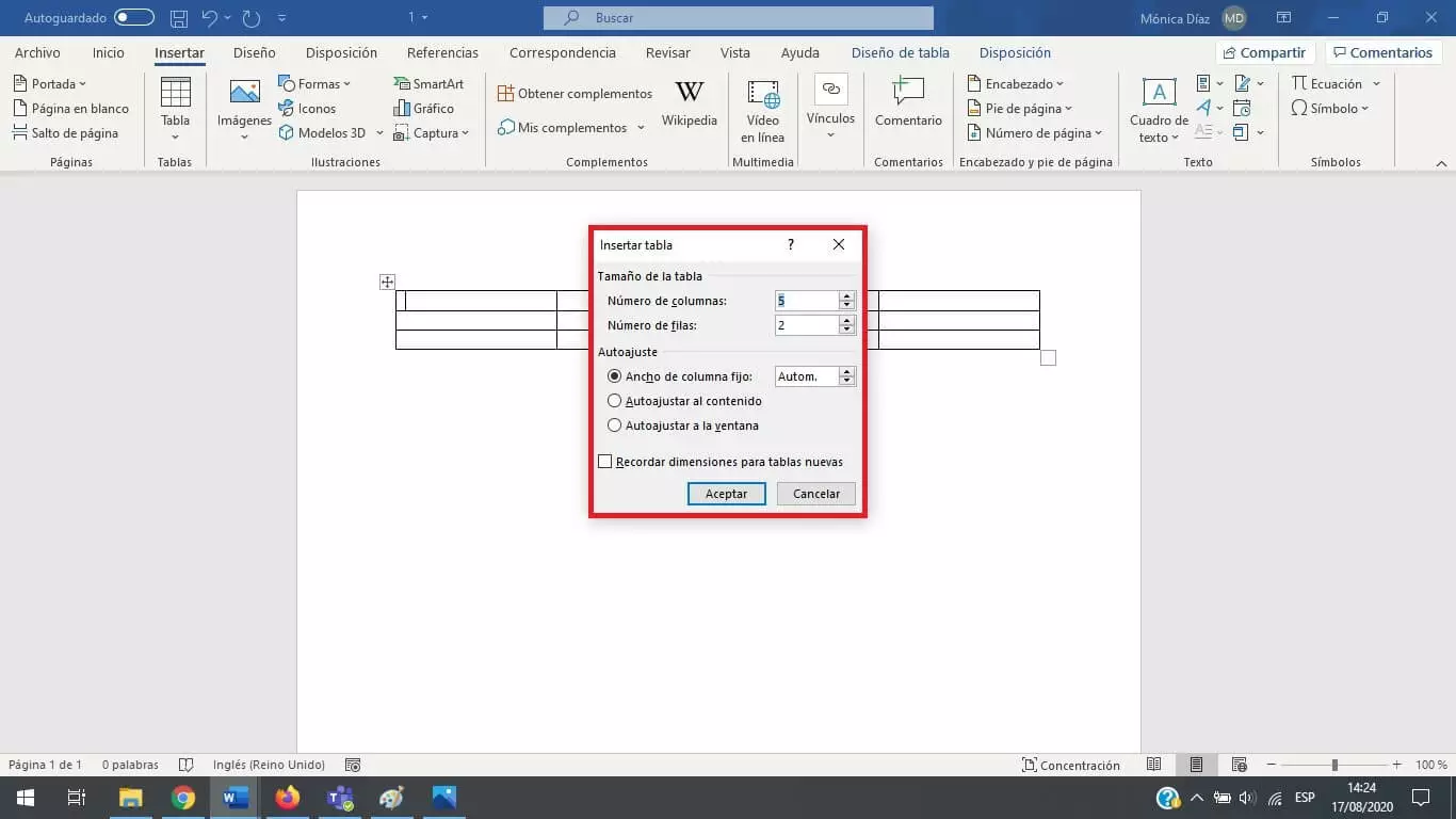 Imagen: Función para crear tablas en Word
