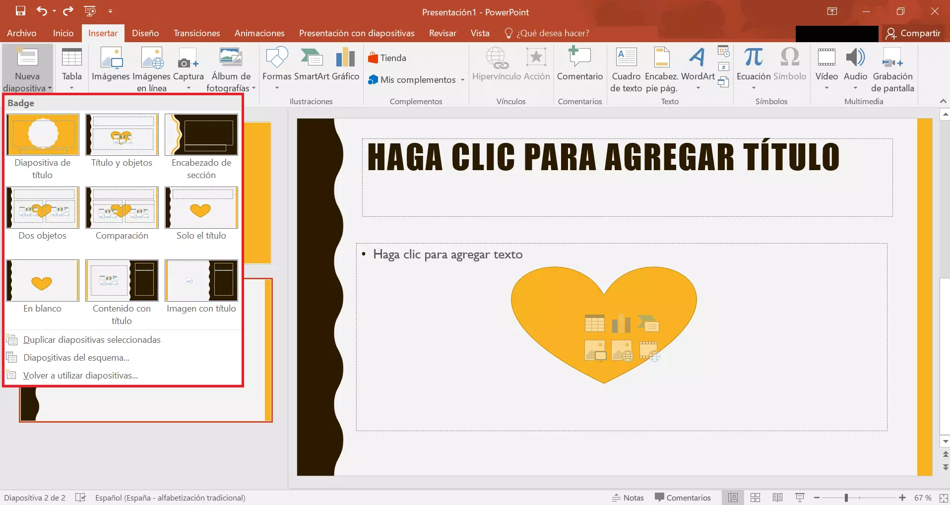 Imagen: Insertar los diseños de las diapositivas mediante la pestaña “Insertar” en PowerPoint 2019