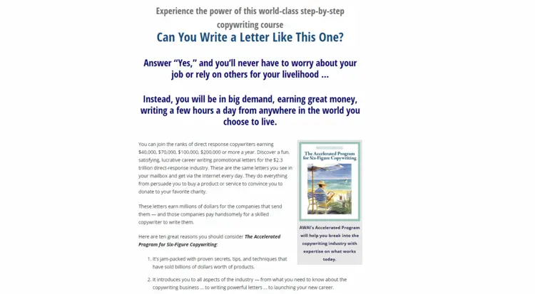 Landing page de AWAI para el curso online “The Accelerated Program for Six-Figure Copywriting“ Landing page de AWAI para el curso online “The Accelerated Program for Six-Figure Copywriting“