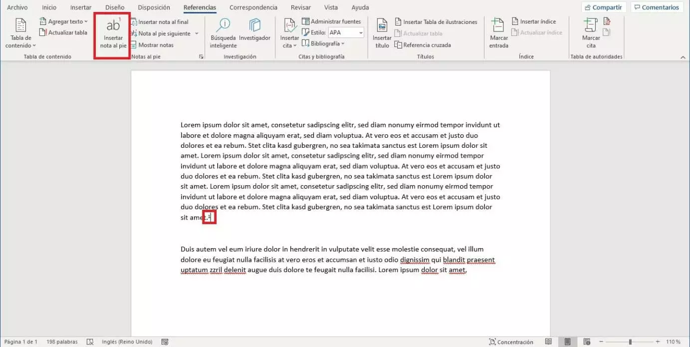 Imagen: Insertar nota al pie en Word 2019