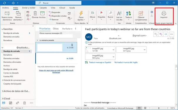 Imagen: Cinta de opciones de Outlook con el comando “Imprimir”