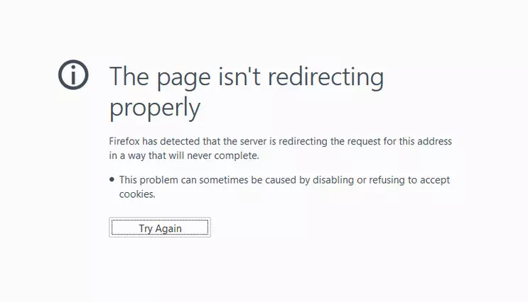 Captura de pantalla del aviso ERR_TOO_MANY_REDIRECTS en Firefox