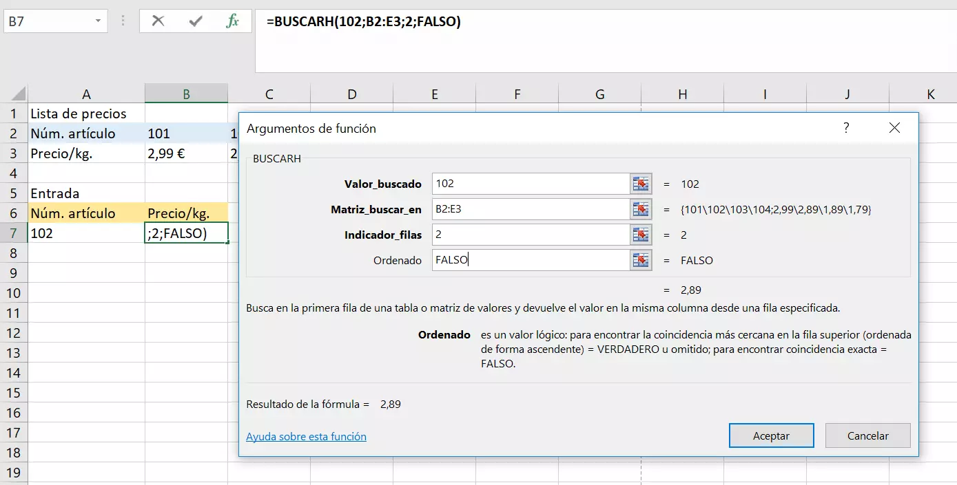 Imagen: BUSCARH: rellenar el generador de fórmulas.