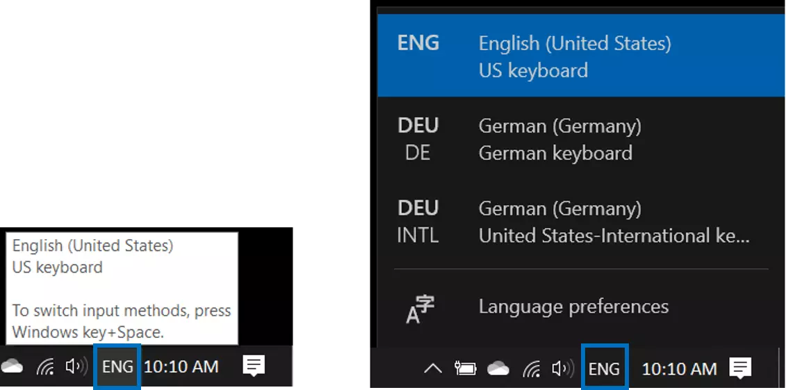 Imagen: Menú para cambiar el idioma de teclado de Windows 10 en la barra de tareas