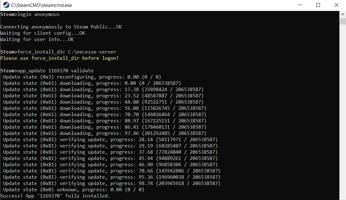 Imagen: Instalación de un servidor dedicado de Necesse en SteamCMD“