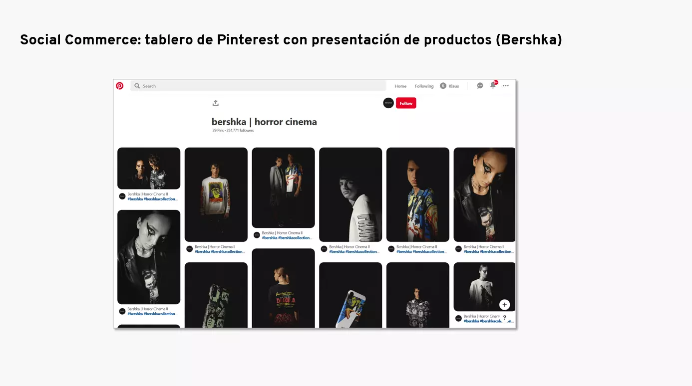 Ejemplo de social commerce en el Pinterest de Bershka
