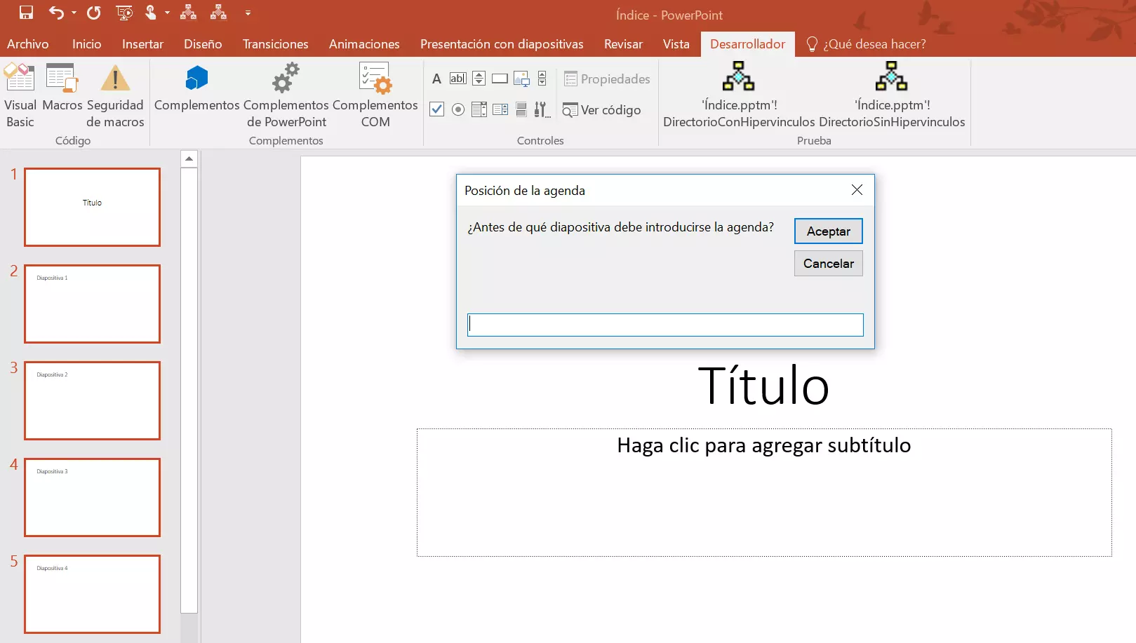 Imagen: PowerPoint 2016: cuadro de diálogo de la macro “Posición de la agenda”