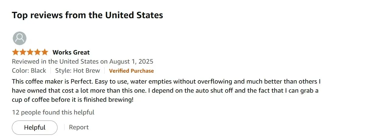 Captura de pantalla de una reseña en Amazon sobre una cafetera BLACK+DECKER Imagen: Captura de pantalla de una reseña en Amazon sobre una cafetera BLACK+DECKER