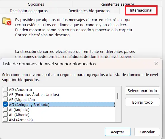 Imagen: Bloquear dominios en Outlook