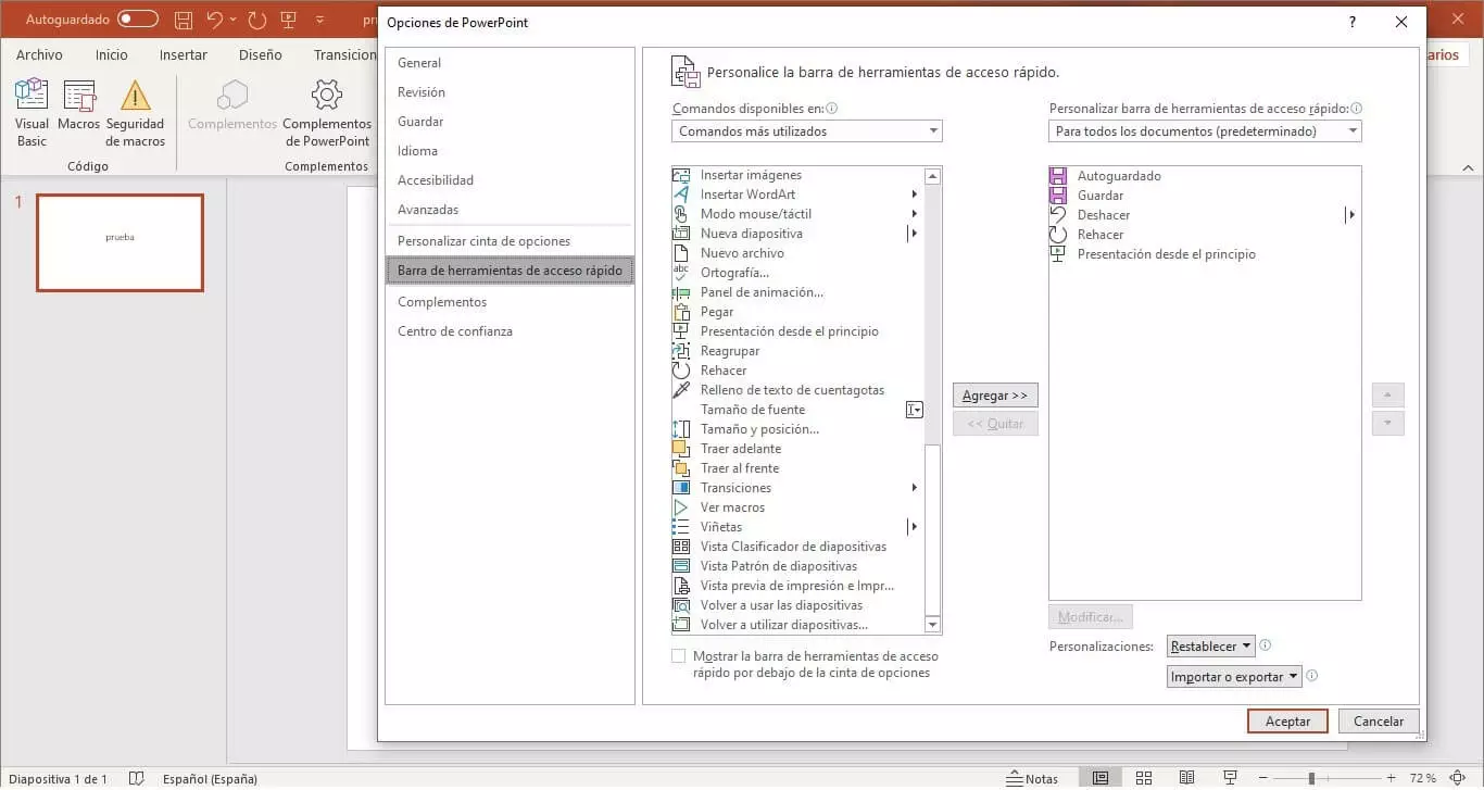 Imagen: Menú para personalizar la barra de acceso rápido de PowerPoint