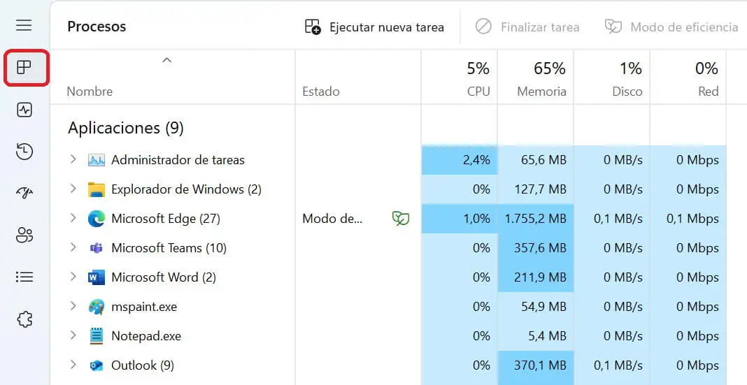 Imagen: Listado de procesos activos en el Administrador de tareas de Windows