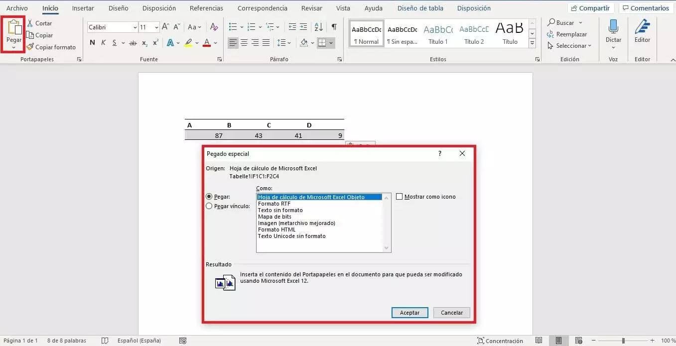 Imagen: Menú para vincular Excel y Word
