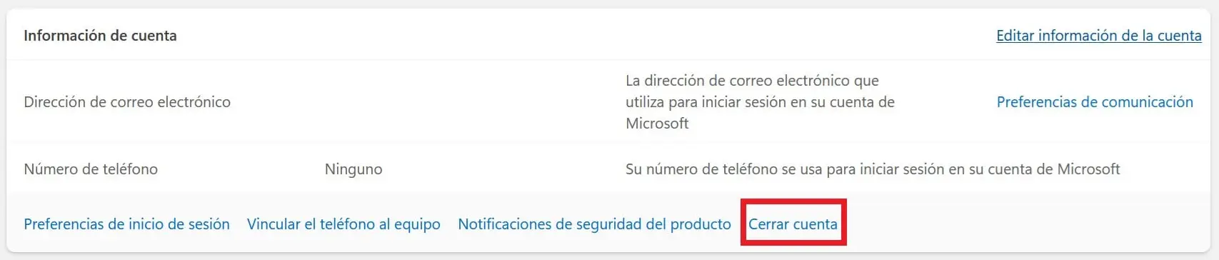 Información de la cuenta de Microsoft en el navegador Imagen: Información de la cuenta de Microsoft en el navegador