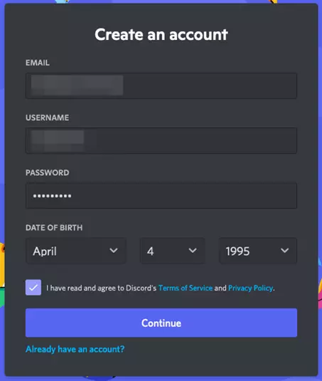 Datos personales para crear una cuenta en Discord