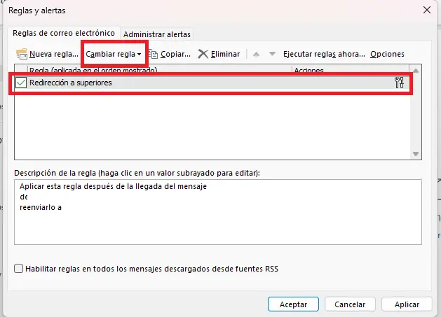 Cuadro de diálogo “Reglas y alertas” Imagen: Cuadro de diálogo “Reglas y alertas”