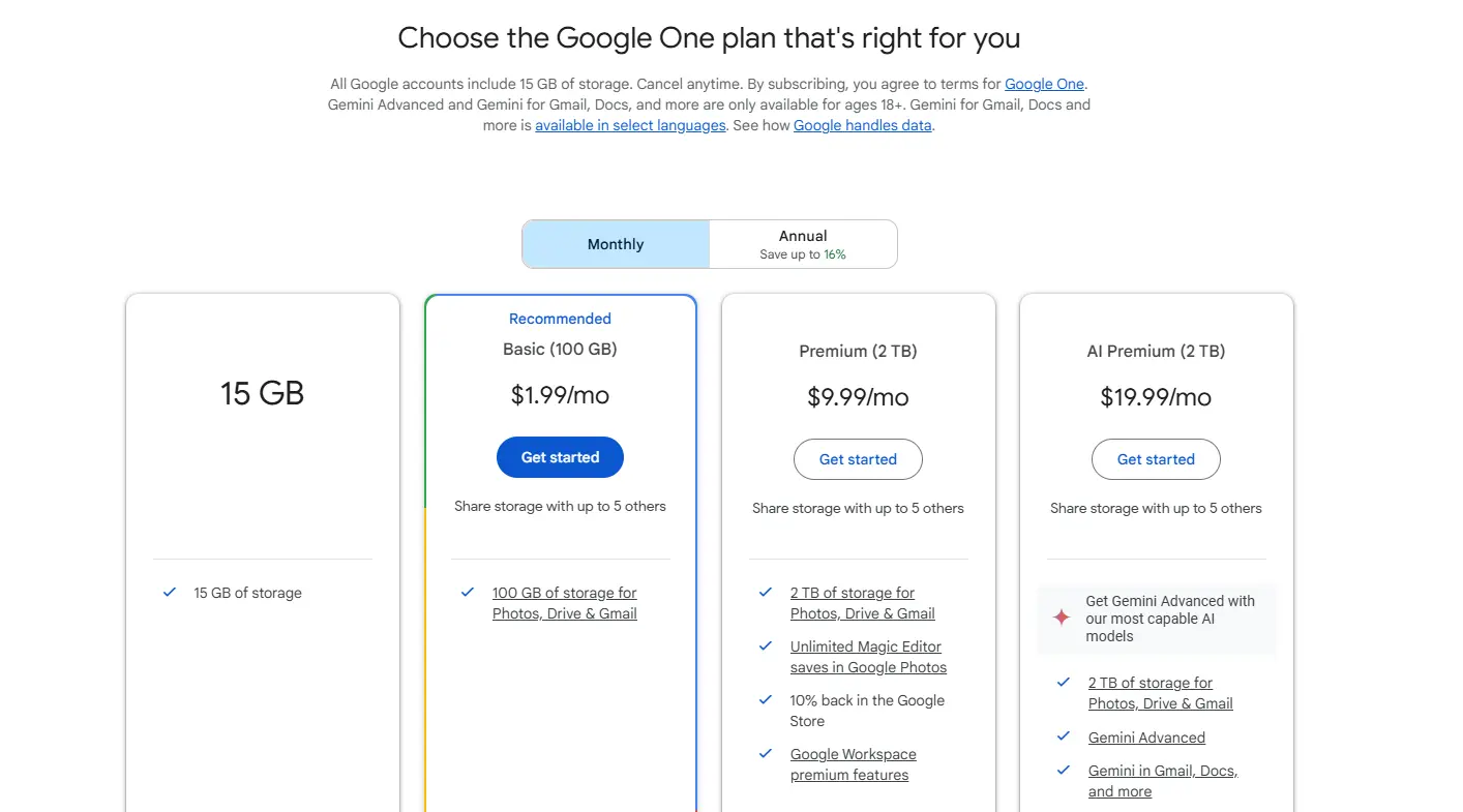 Diferentes planes de suscripción de Google One Imagen: Diferentes planes de suscripción de Google One