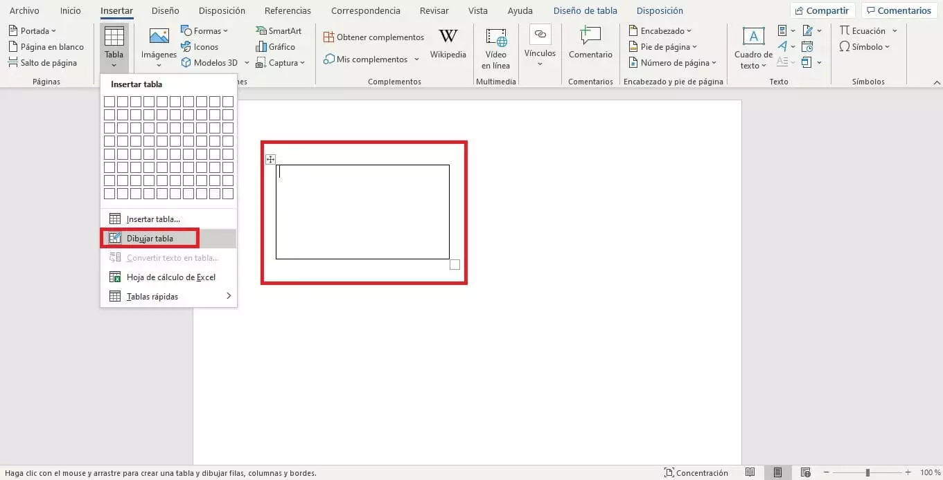 Imagen: Opción para dibujar una tabla en Word