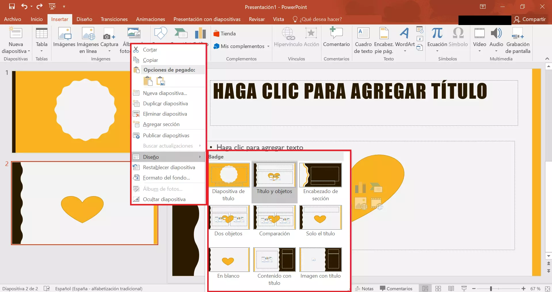 Imagen: Haz clic con el botón derecho del ratón sobre la diapositiva para ver la selección de diseño en PowerPoint 2019
