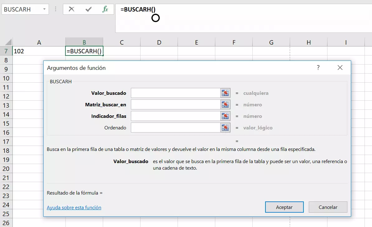 Imagen: Función de BUSCARH en el generador de fórmulas de Excel.