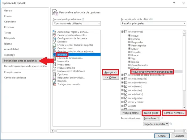Imagen: Ventana de las Opciones de Outlook con un submenú de dos columnas