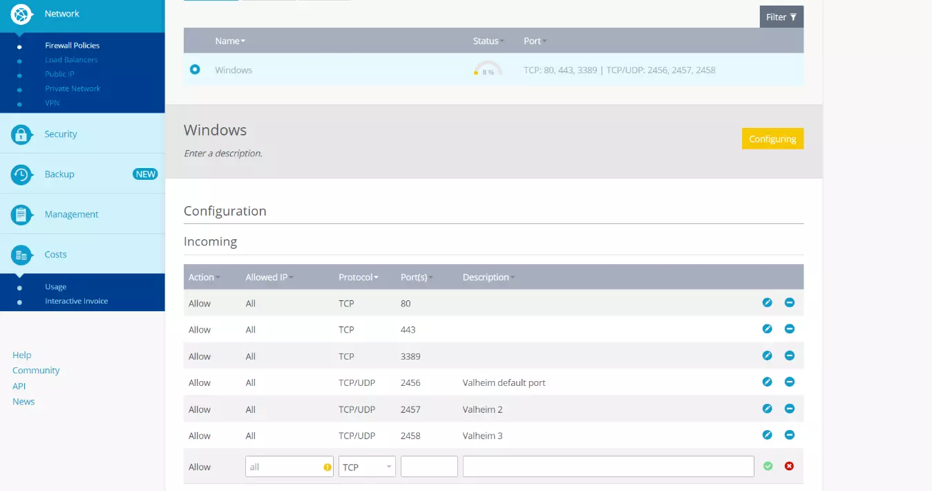 Imagen: Configurar las políticas del firewall en el Cloud Panel de IONOS