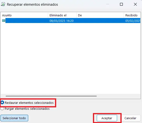Imagen: Lista de elementos eliminados de Outlook