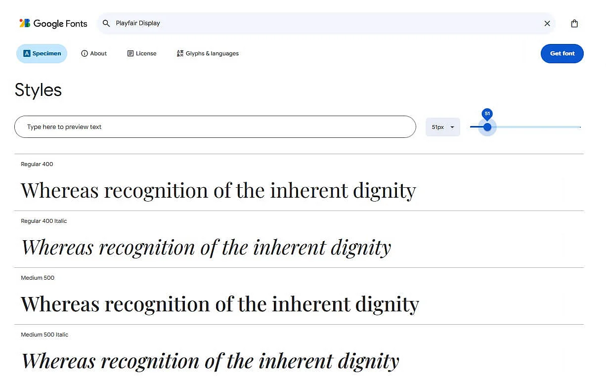 Diferentes variantes de la fuente Playfair Display en Google Fonts Imagen: Diferentes variantes de la fuente Playfair Display en Google Fonts