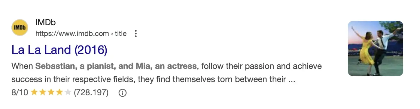 Captura de pantalla de un resultado de búsqueda de Google con valoraciones con estrellas como Rich Snippet Imagen: Captura de pantalla de un resultado de búsqueda de Google con valoraciones con estrellas como Rich Snippet